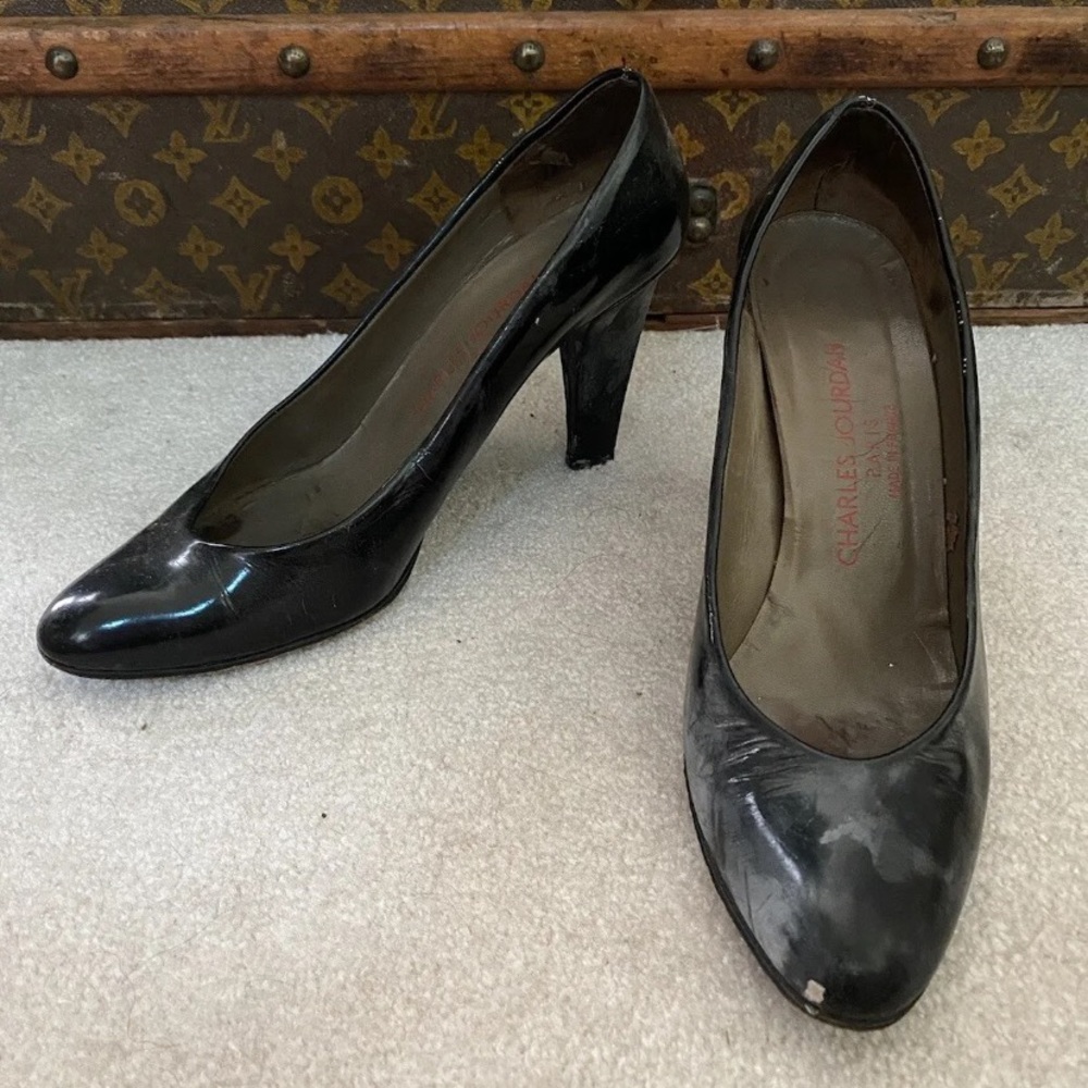 RARE VINTAGE 1980s CHARLES JOURDAN BLACK PATENT LEATHER HEELS SHOES 7.5 B REPAIR